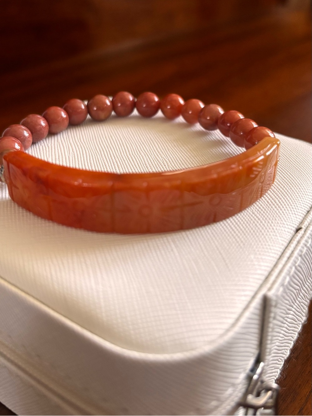 Carved Red Jade Beaded Stretch Bracelet